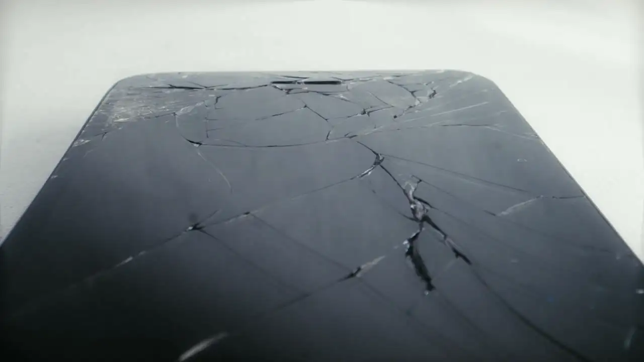 iPhone com a tela trincada sobre a bancada