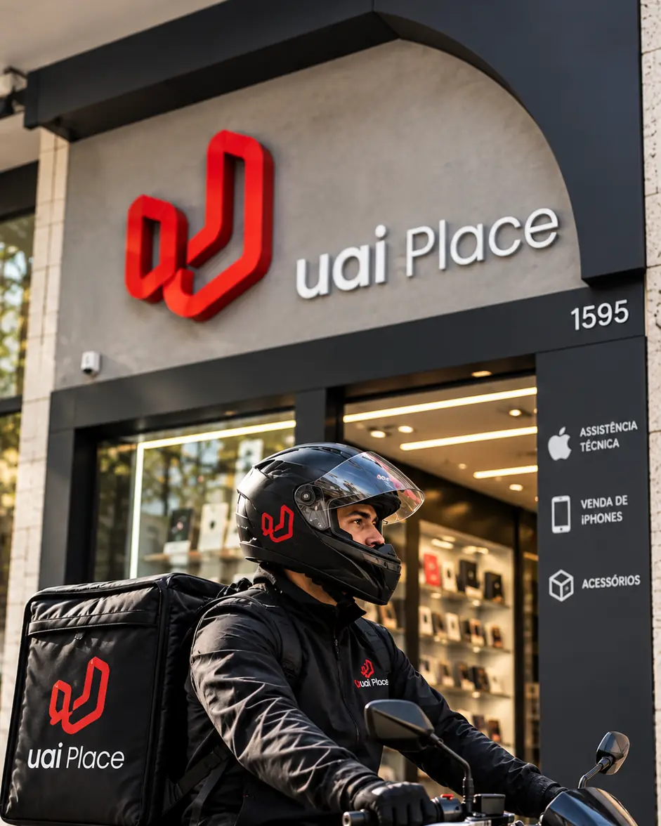 Motoboy da UaiPlace com bag de entrega em frente à loja na Savassi