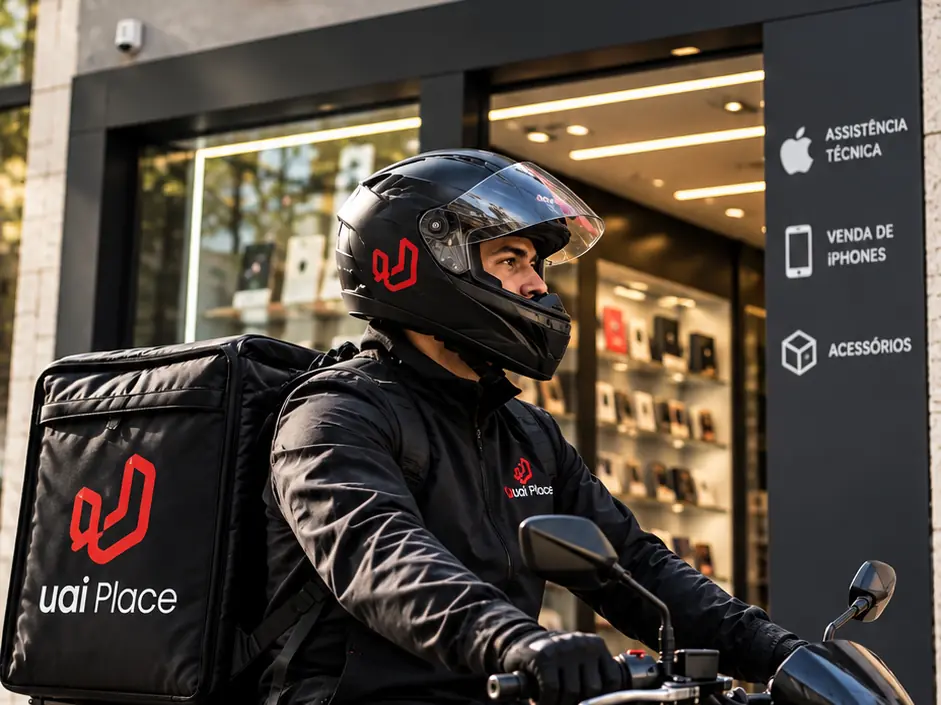 Motoboy da UaiPlace com bag de entrega em frente à loja na Savassi
