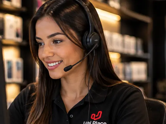 Atendente da UaiPlace com headset passando o orçamento ao cliente