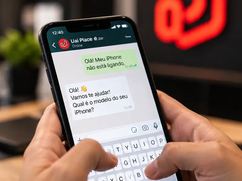 Cliente conversando com a UaiPlace pelo WhatsApp no iPhone