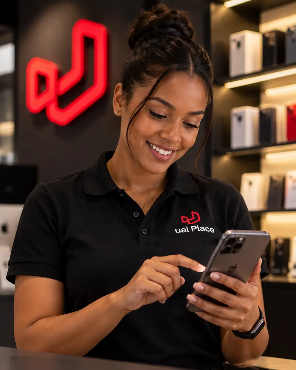 Atendente da UaiPlace configurando o iPhone de um cliente no balcão da loja